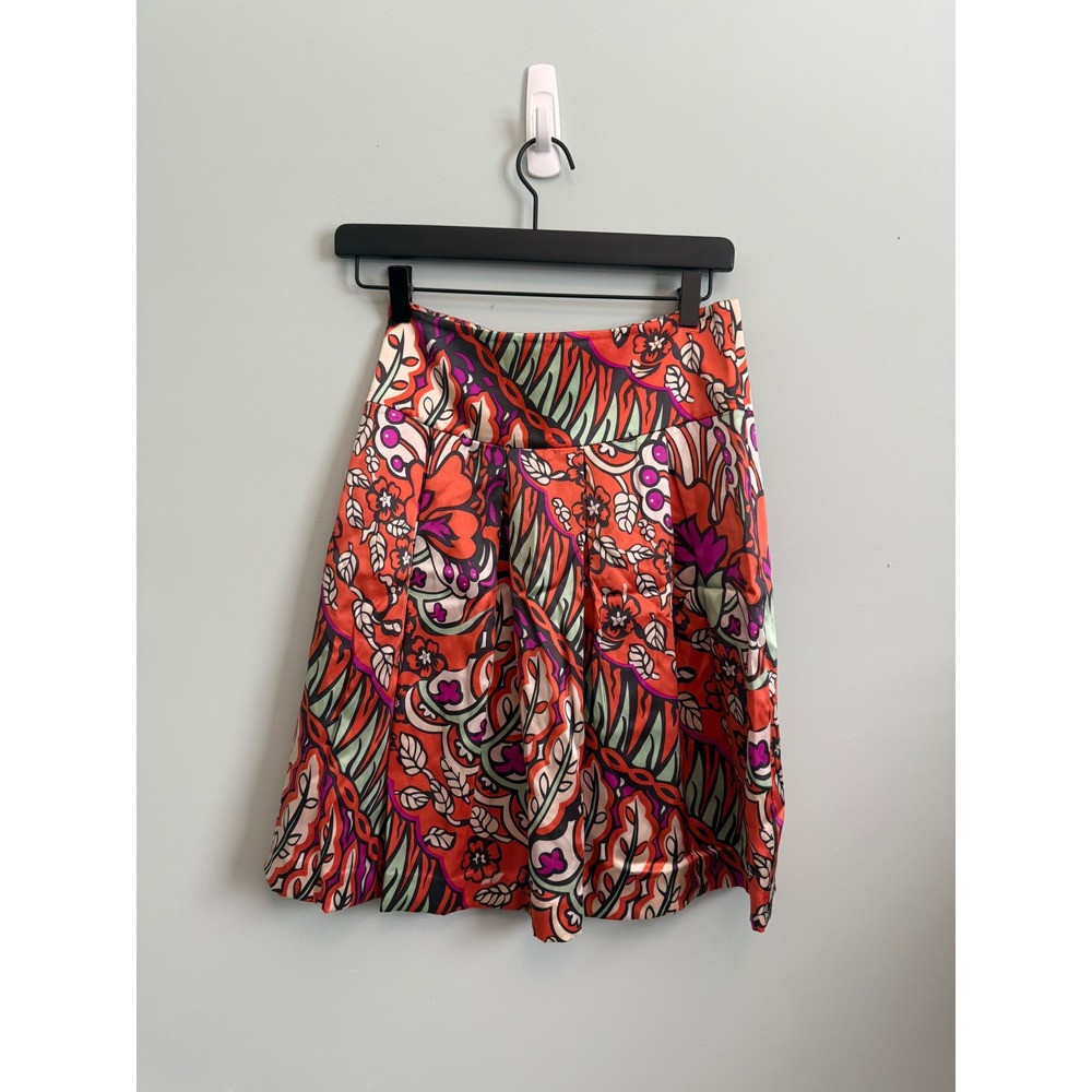 Saja Womens 100% Silk Mini Skirt Orange Floral Psychedelic Pleated Size 2